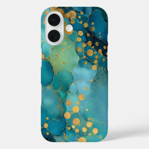 Teal, Turquoise & Goud Marmer iPhone 16 Hoesje