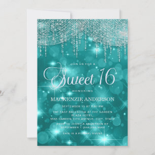 Teal Turquoise Slingerlichten Bokeh Sweet 16 Kaart