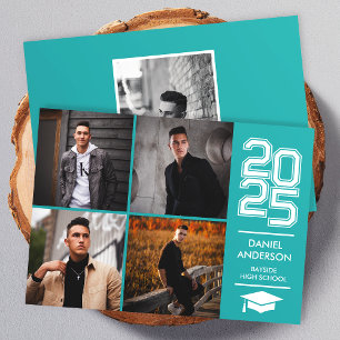 Teal Vierkant Foto Modern Varsity Afstudeeraankond Kaart