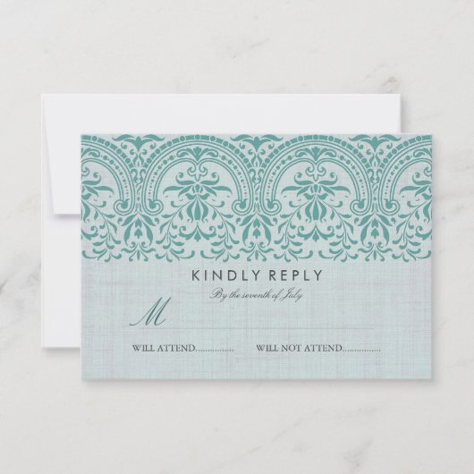 Teal Vintage Damask Mariage RSVP (Devant)