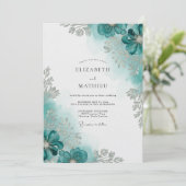 Teal Watercolor Bloom Wedding Kaart (Staand voorkant)
