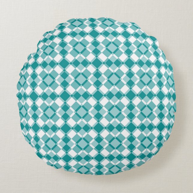 Teal White Checker Argyle Pattern Rond Kussen (Voorkant)