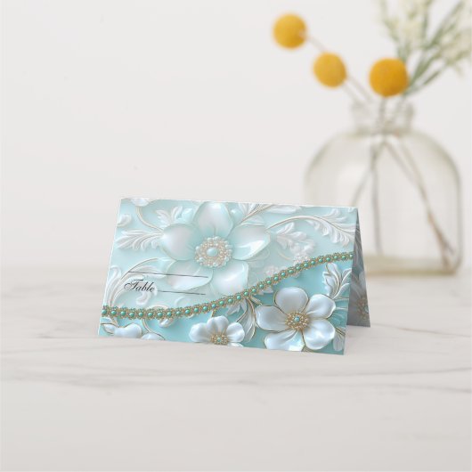 Teal White Floral Place Card (Voorkant)