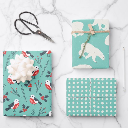 Teal Winter Christmas Theme Patterned Gift Inpakpapier Vel (Voorkant)