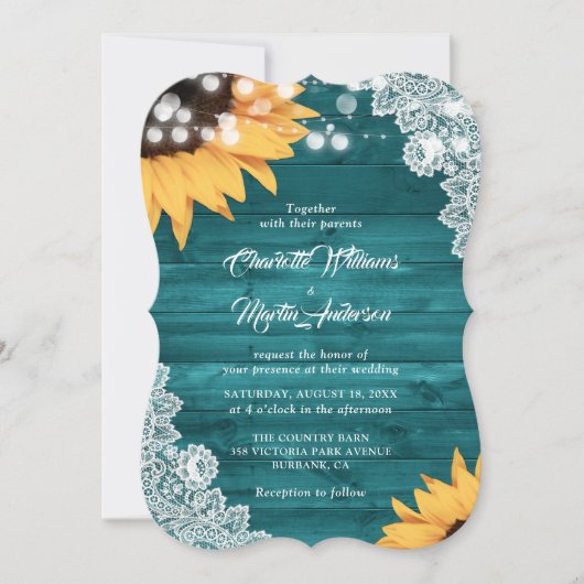 Teal Wood Lace String Lights Sunflower Wedding Kaart (Voorkant)