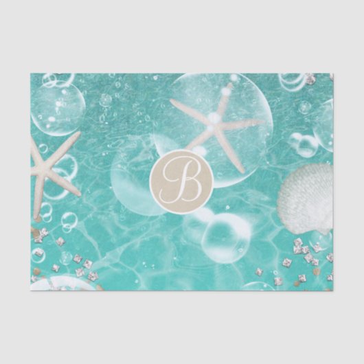 Teal Zeester & Bubbles Strand Monogram Eerste Lett Tissuepapier (Voorkant)
