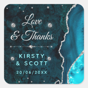 Teal & Zilver Glitter Agate en marmeren Huwelijk Vierkante Sticker