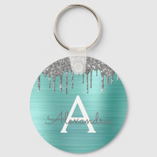 Teal Zilver Glitter RVS Monogram Sleutelhanger