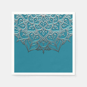 Teal & Zilver Mandala Elegante Minimale Trouwdag Servet