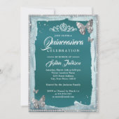 Teal Zilveren Diamanten Vlinder Glitter Quinceaner Kaart (Voorkant)