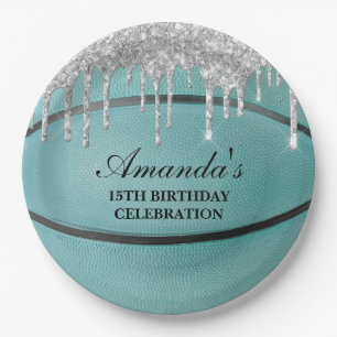 Teal Zilveren Drip Basketbal Papieren Bordje