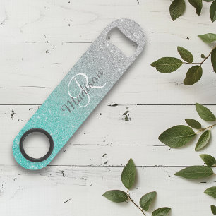 Teal Zilveren Glitter Look Ombre Monogram Speed Flessenopener