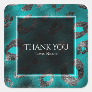 Teal & Zilveren Luipaardprint Feest Favor Vierkante Sticker