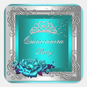 Teal Zilveren Rozen Quinceanera 15e Verjaardag Vierkante Sticker
