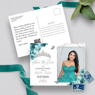 Teal & Zilveren Tiara Quinceañera Foto Ansichtkaar Briefkaart