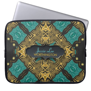 Teal & Zwarte Gouden Arabesque Tribale Laptop Hoes