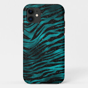Teal & Zwarte Ombre Glam Glitter Tijgerstrepen iPhone 11 Hoesje