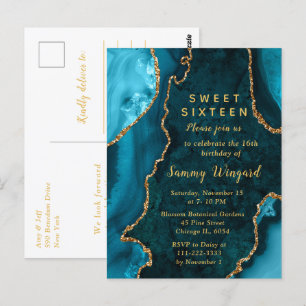 Tealblauw en gouden agaat marmeren Sweet Sixteen Briefkaart