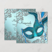 Tealblauwe en zilveren masker-maskeradefeest kaart (Voorkant / Achterkant)
