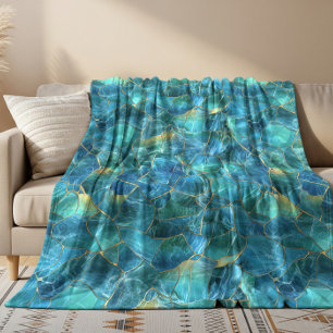 Tealblauwe marmerstructuur met gouden aders fleece deken