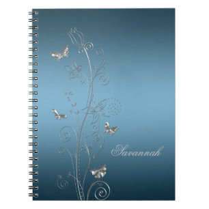Tealblauwe notebooks met zilveren bloemvlinders notitieboek