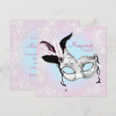Tealblauwe roze sneeuwvlokmaskeradefeest kaart (Voorkant / Achterkant)