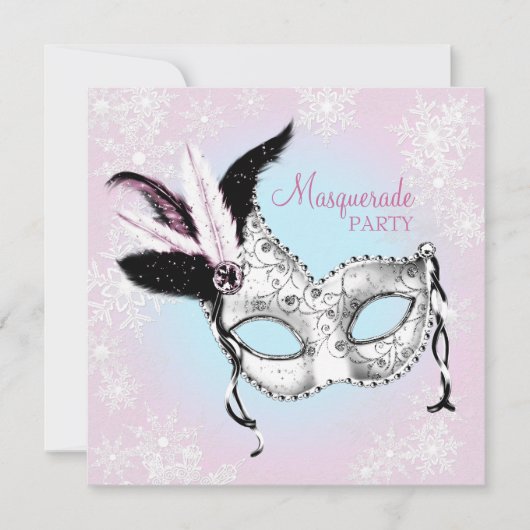 Tealblauwe roze sneeuwvlokmaskeradefeest kaart (Voorkant)