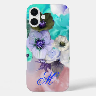 TEALBLAUWE ROZEN EN WITTE ANEMONEBLOEMEN MONOGRAM iPhone 16 PLUS HOESJE