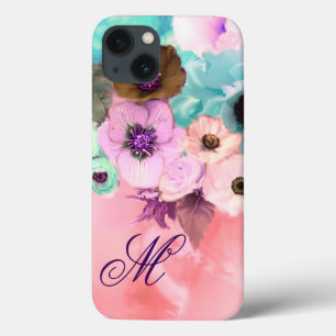 TEALBLAUWE ROZEN, ROZE ANEMONEBLOEMEN MONOGRAM iPhone 13 HOESJE