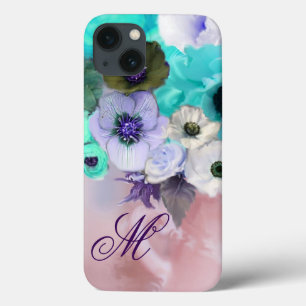 TEALBLAUWE ROZEN, WITTE ANEMONEBLOEMEN MONOGRAM iPhone 13 HOESJE