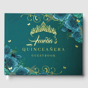Tealroos bloemenswirl Quinceanera goud Gastenboek