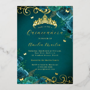 Tealroos bloemige gouden werveling Quinceanera   Folie Uitnodiging