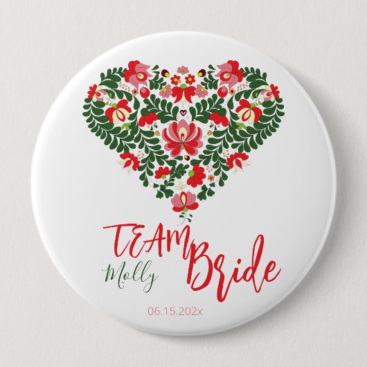 Team Bride Aangepast Script Hongaars Matyo Folk Ronde Button 4,0 Cm (Voorkant)