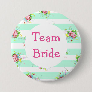 "Team Bruid" Trouw Knop Mintgroene Roze Bloemen Ronde Button 7,6 Cm