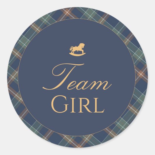 Team Girl Gender Reveal Voting Sticker Navy Plaid (Voorkant)