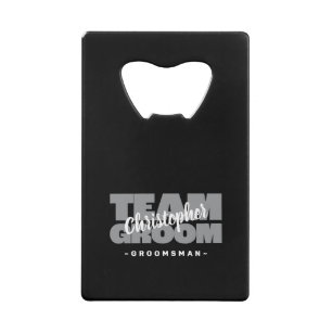 Team Groom Groomsman Naam Bruiloft Party Zwart Gri Kredietkaart Flessenopener