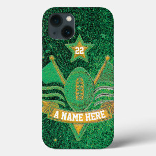 Team Sports Green & Gold Glitter College Football iPhone 13 Hoesje