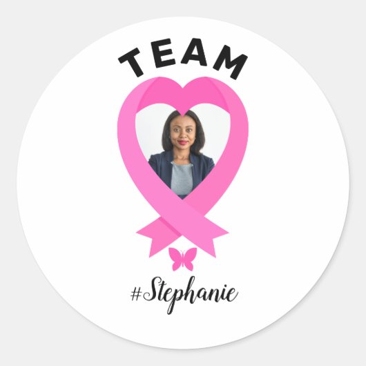 Team Support Aangepaste foto & naam Roze lint Ronde Sticker (Voorkant)