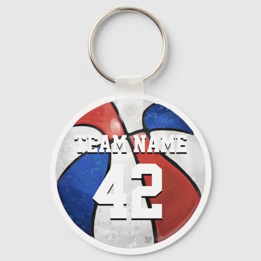 Teamnaam en nummer Rood Wit Blauw Basketbal Sleutelhanger (Voorkant)