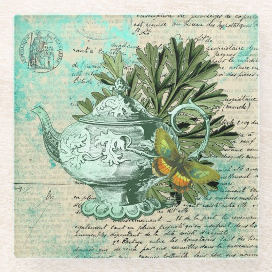  Teapot & Ephemera Collage Glazen Onderzetter (Voorkant)