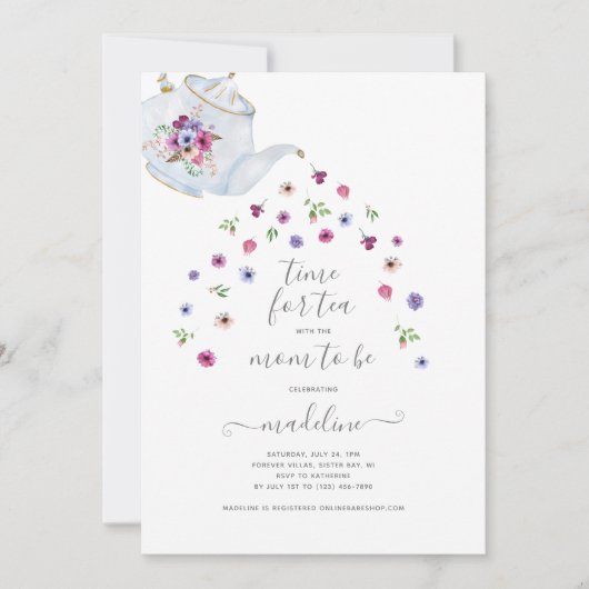 Teapot Floral Baby shower Tea Party Invitation (Devant)