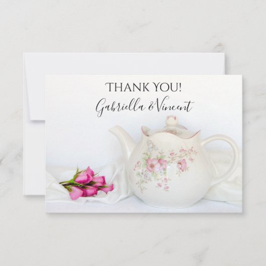 Teapot met roze rozen bruiloft bedankkaart (Voorkant)