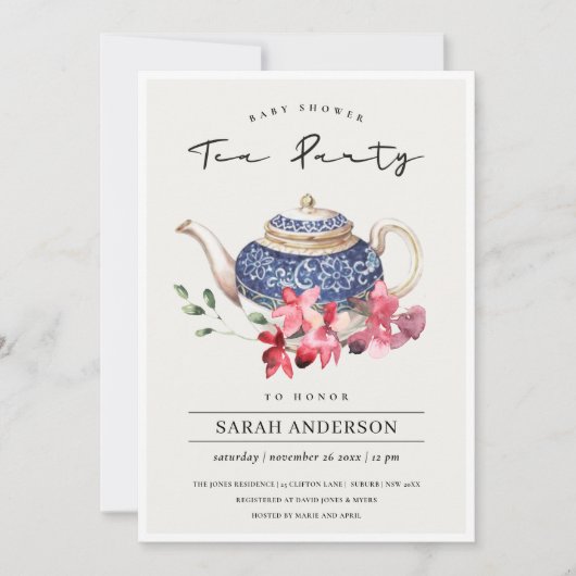  Teapot rouge Baby shower Floral Invitation Tea Pa (Devant)