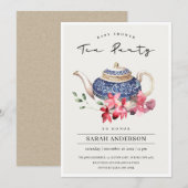  Teapot rouge Baby shower Floral Invitation Tea Pa (Devant / Derrière)