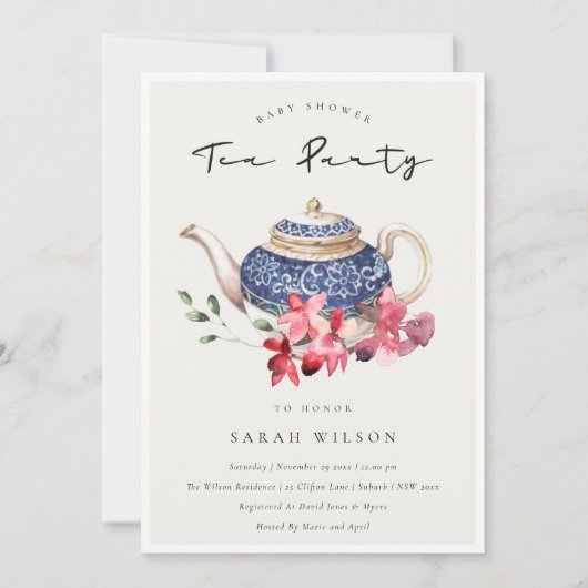  Teapot rouge Baby shower Floral Invitation Tea Pa (Devant)