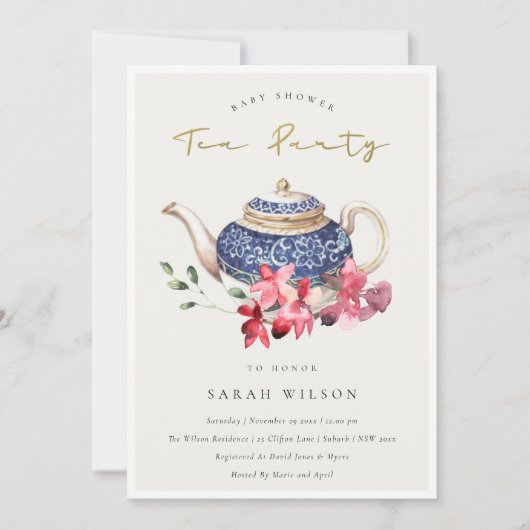 Teapot rouge Baby shower Floral Invitation Tea Par (Devant)