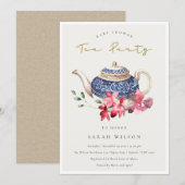 Teapot rouge Baby shower Floral Invitation Tea Par (Devant / Derrière)
