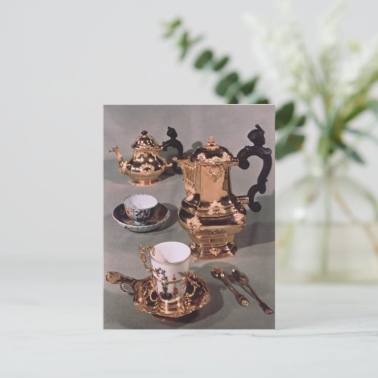 Teapot, suikerkom, chocoladepot en mok briefkaart (Staand voorkant)