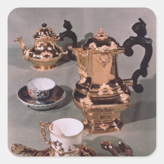 Teapot, suikerkom, chocoladepot en mok vierkante sticker (Voorkant)