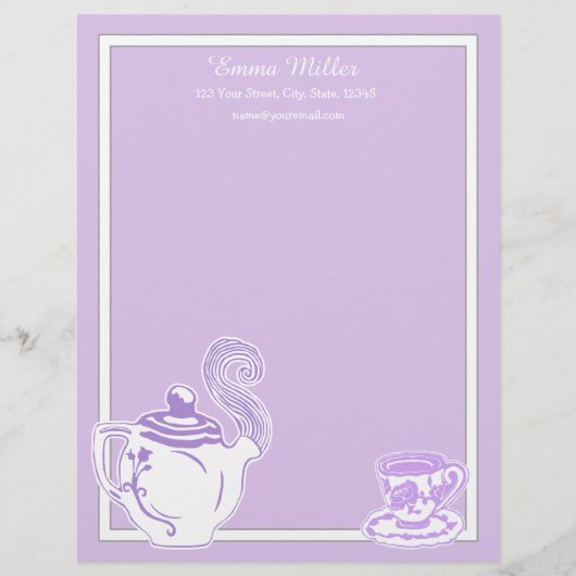 Teapot & Teacup Lavender & White Custom Letterhead Briefhoofd (Voorkant)